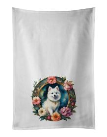 Japanese Spitz and Flowers Kitchen Towel Set of 2 White Dish Towels Decorative Bathroom Hand towel for Hand, Face, Hair, Yoga, Tea, Dishcloth