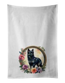 Schipperke and Flowers Kitchen Towel Set of 2 White Dish Towels Decorative Bathroom Hand towel for Hand, Face, Hair, Yoga, Tea, Dishcloth, 19 X 2