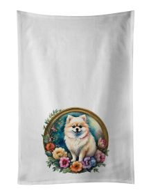 Pomeranian and Flowers Kitchen Towel Set of 2 White Dish Towels Decorative Bathroom Hand towel for Hand, Face, Hair, Yoga, Tea, Dishcloth, 19 X 2