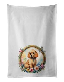 Poodle and Flowers Kitchen Towel Set of 2 White Dish Towels Decorative Bathroom Hand towel for Hand, Face, Hair, Yoga, Tea, Dishcloth, 19 X 28",