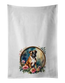 Boxer and Flowers Kitchen Towel Set of 2 White Dish Towels Decorative Bathroom Hand towel for Hand, Face, Hair, Yoga, Tea, Dishcloth, 19 X 28", W