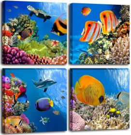 Bathroom Canvas Wall Art Sea Turtle Wall Decor for Living Room Colorful Fish Coral Dolphin Ocean Theme Underwater World Pictures for Bedroom Navy (size: 12x12inchx4pcs)